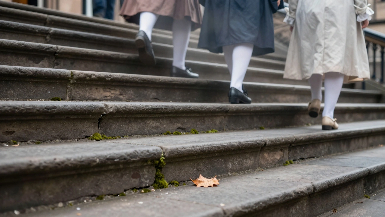 Centuries-worn stone step with moss and ghostly figures of past pedestrians overlaid in soft focus.