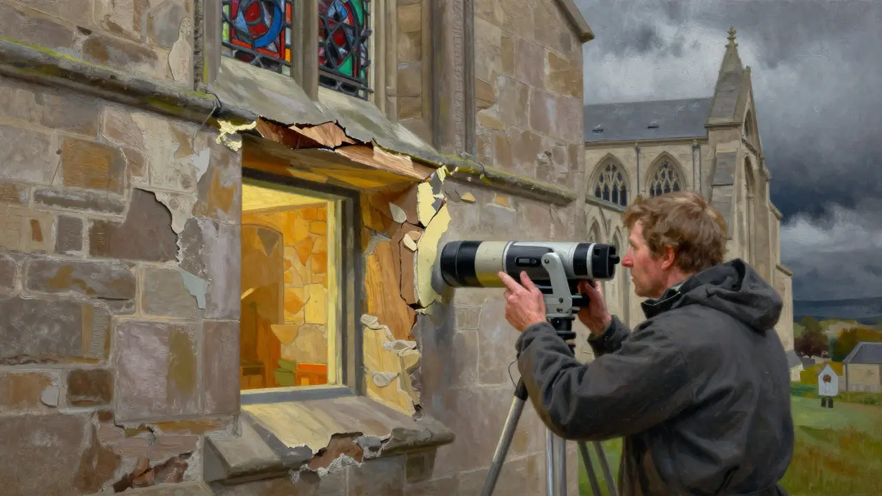 Conservationist using 3D scanner on cathedral facade while stonemason repairs with traditional materials.