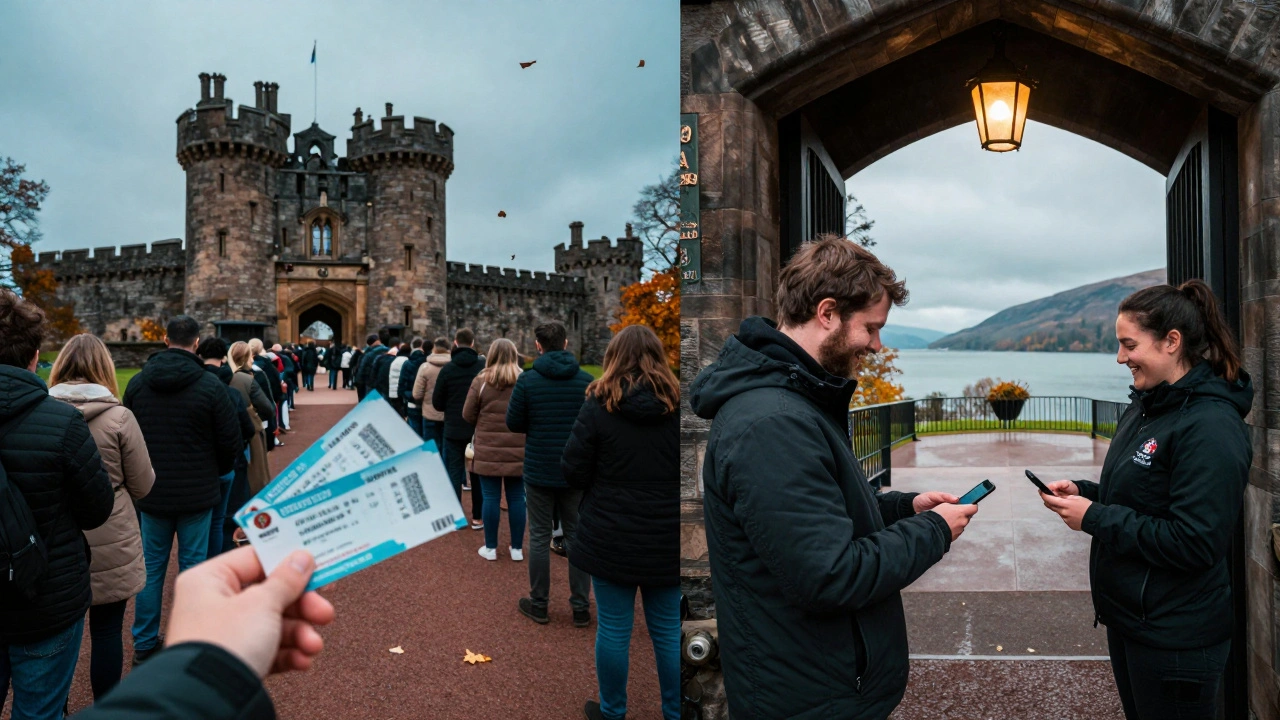 Contrast between crowded ticket line and smooth digital entry at Urquhart Castle.
