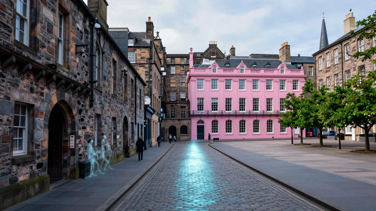 Dual-image of Edinburgh’s historic Old Town and elegant New Town connected by a glowing path.