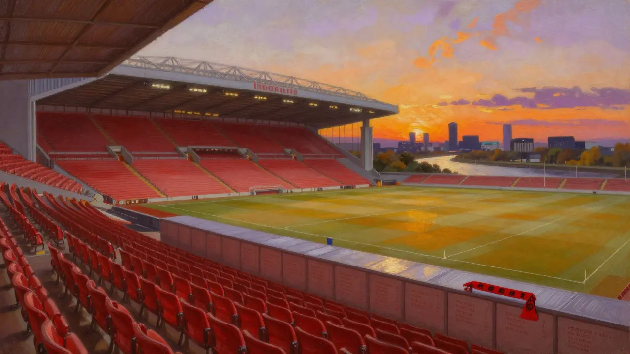 Empty Ibrox Stadium seats at sunset with River Clyde and Glasgow skyline in background.