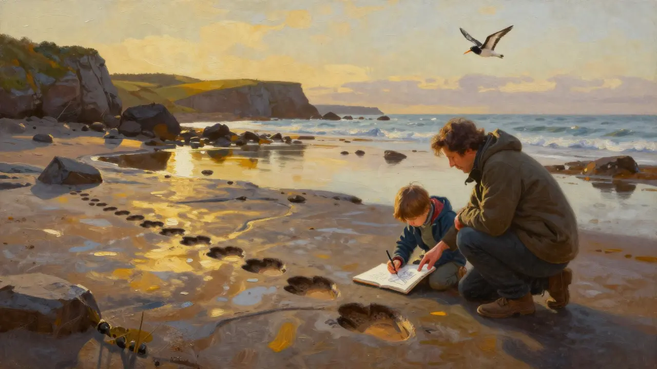 Family exploring fossilized dinosaur footprints on wet rocks, child sketching while adult points out details at Staffin Bay.