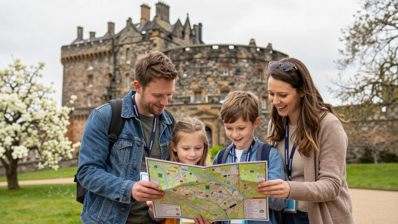Family with pass lanyards posing happily in front of Stirling Castle in spring.