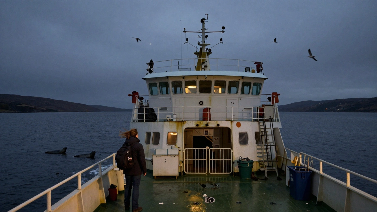 Ferry leaving Ardrossan for Arran at dusk, with hiker on deck and seals in water.