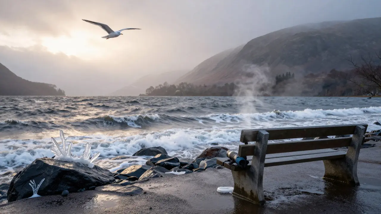 Frozen sea foam glows in twilight on coastal rocks after a storm wave recedes, with a bench and gear nearby.