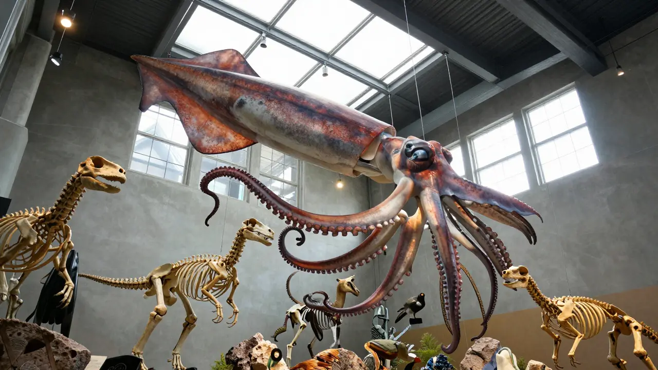Giant squid hanging in the Natural World exhibit, surrounded by bird specimens and dodo skeletons.