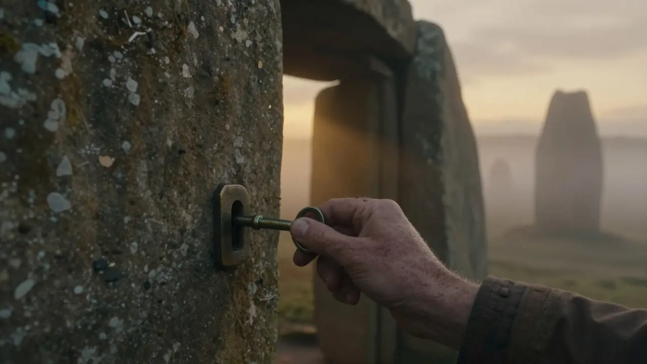 Hand placing bronze key into ancient stone door at Clava Cairns at golden hour.