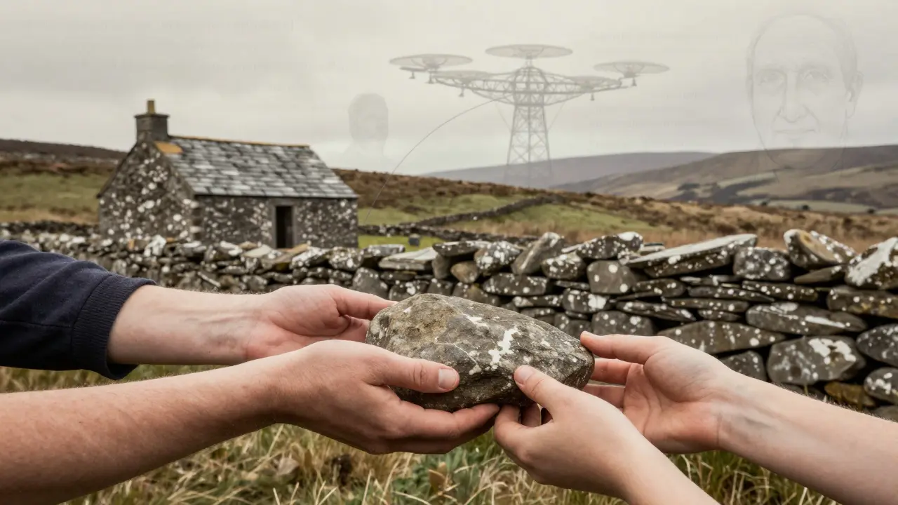 Hands passing a stone along a rebuilt drystone wall, with faint ancestral and technological overlays.