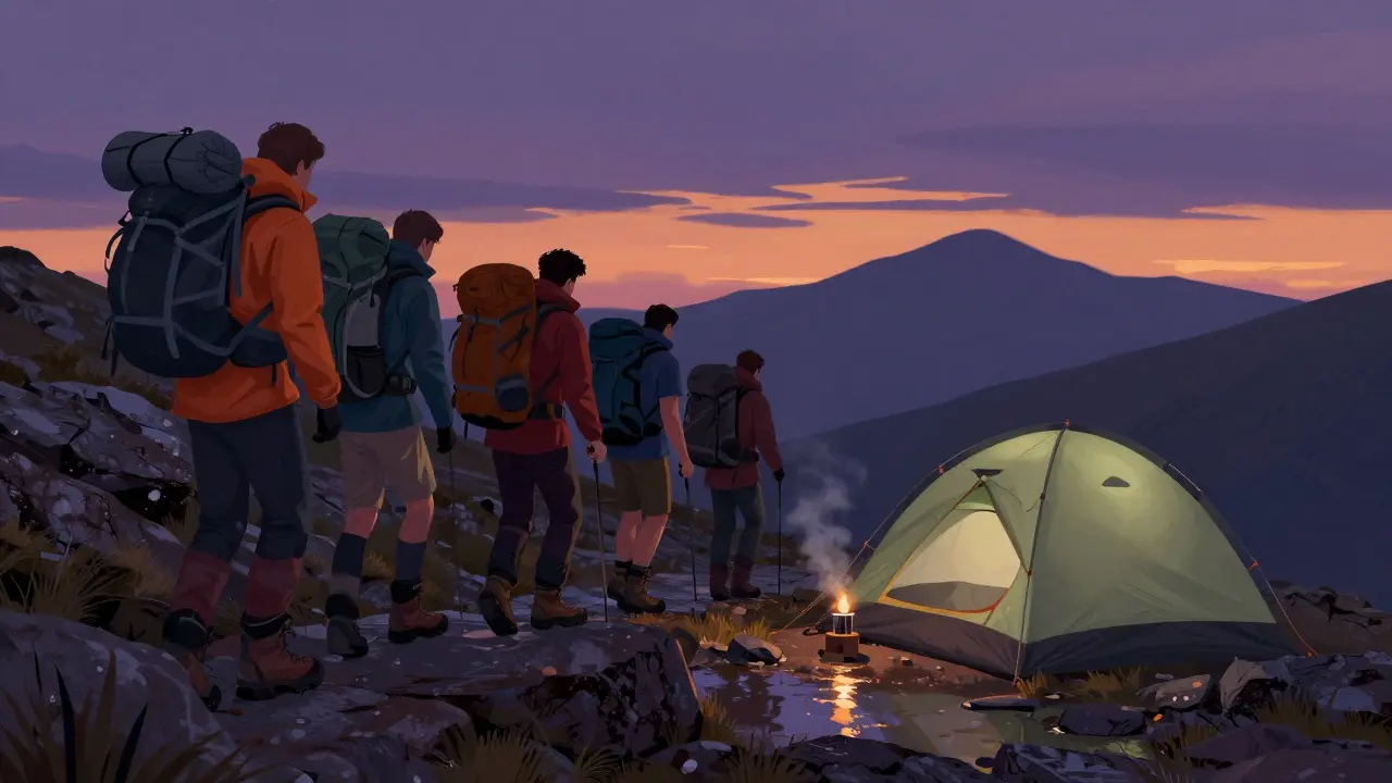 Hikers on a trail near Ben Nevis at dusk, wearing rented gear, with tent pitched below and dramatic sky overhead.
