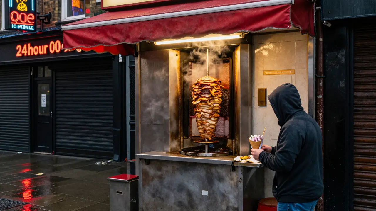 Late-night kebab shop with steam rising from meat under a red awning at 3 a.m.