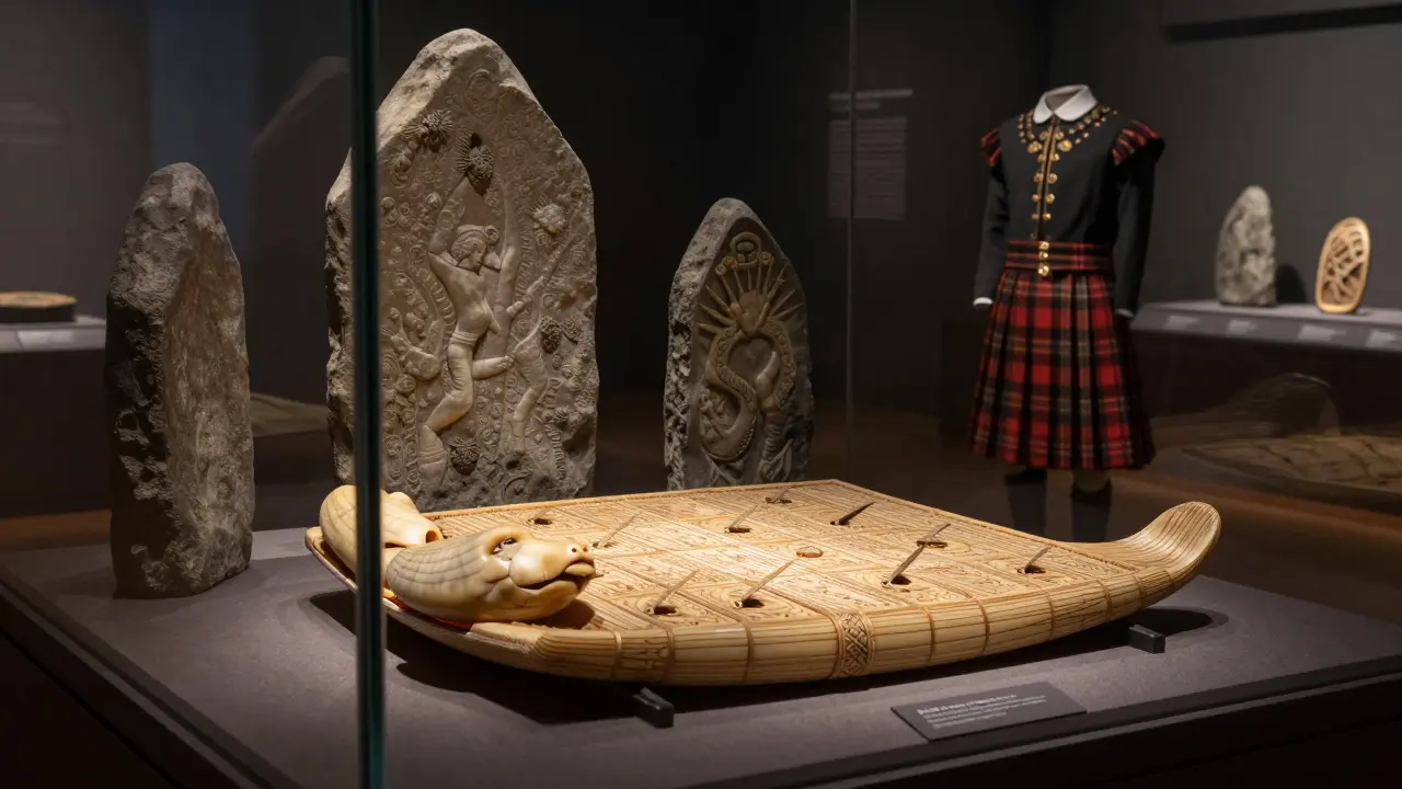 Lewis Chessmen displayed in a quiet gallery, one piece with a smirk, beside ancient stones and a kilt.