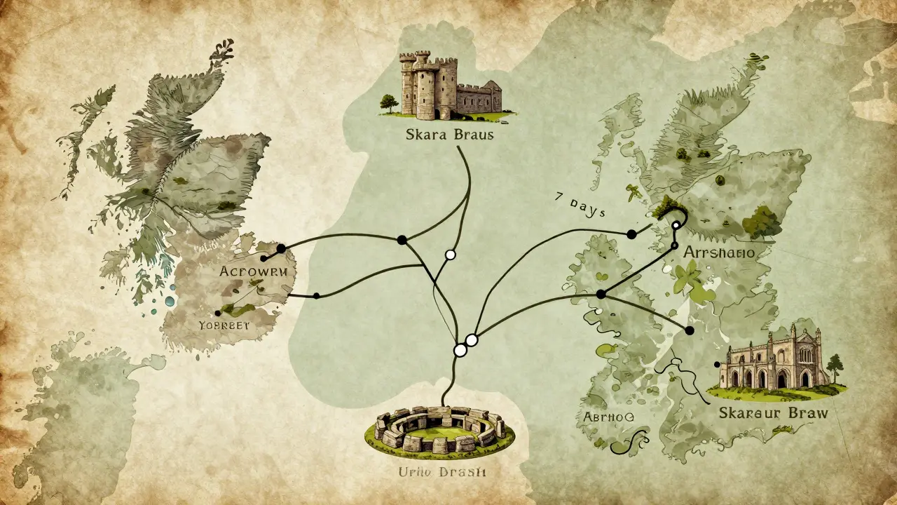 Map of Scotland showing historic sites connected by travel routes with stone texture overlay.