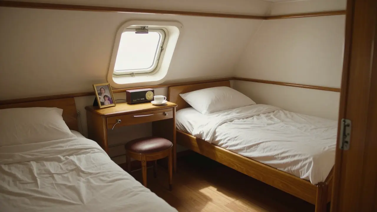 Queen Elizabeth II’s modest cabin with a simple bed, framed photo, and radio by the window.
