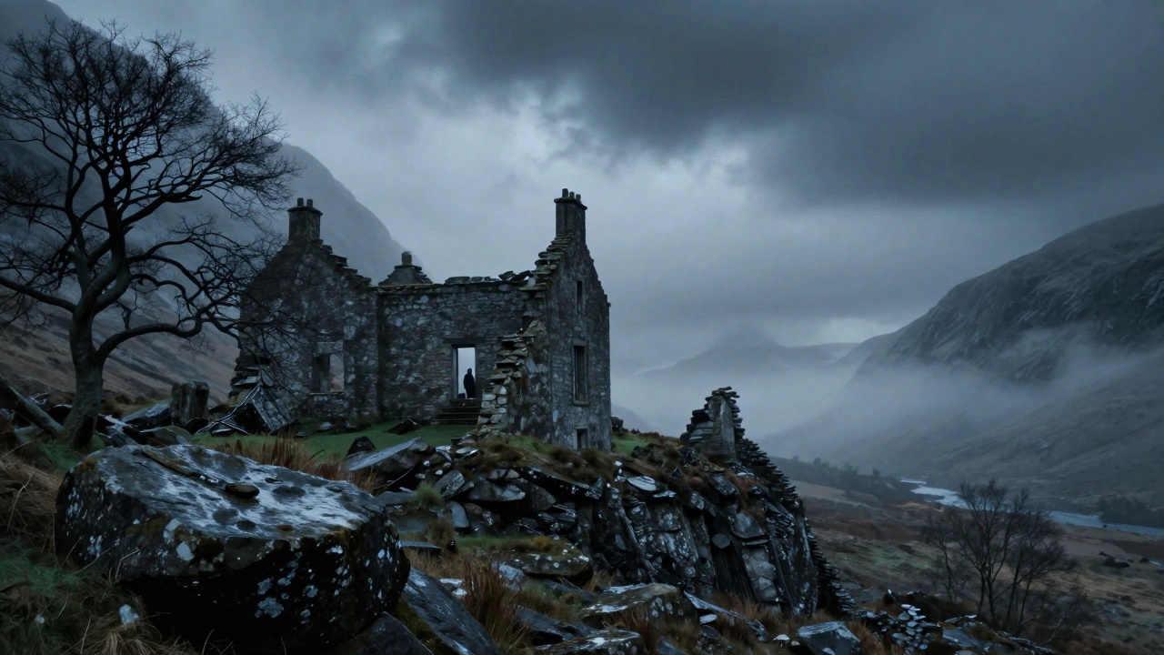 Ruins of Glencoe House on a foggy Highland cliff, stormy sky above, silent and brooding.