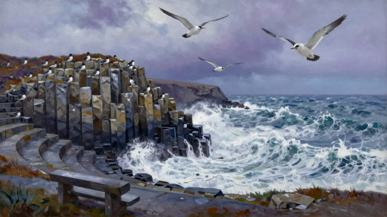 Seabirds glide above violent waves at Faraid Head, Sutherland, under swirling storm clouds at dusk.