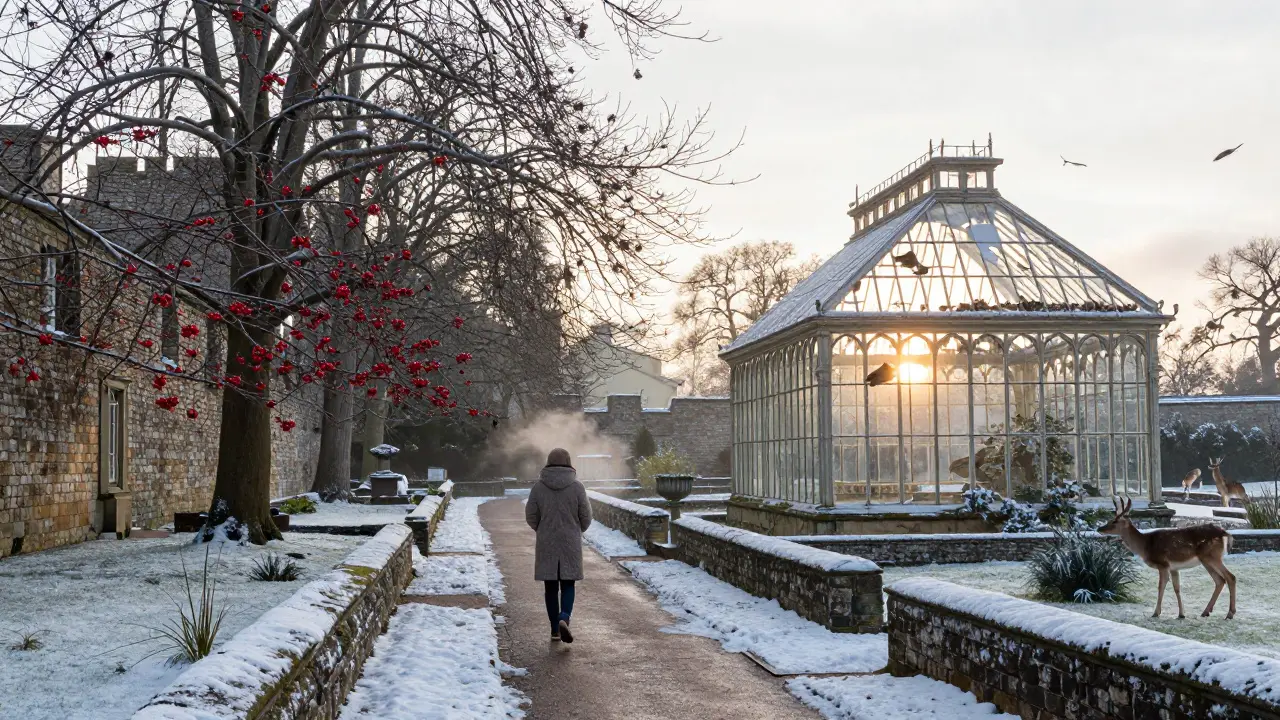 Snow-covered garden at dawn with deer and holly berries glowing in mist.