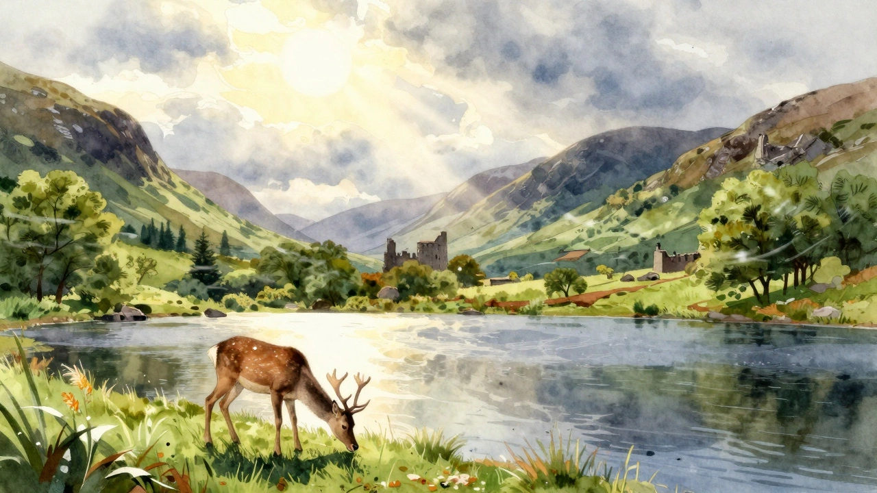 Sunlit Scottish glen with deer at a loch, midges absent, wind moving through grass and water.