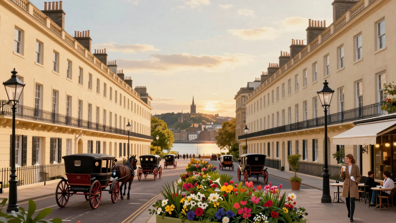 Symmetrical Georgian buildings on Princes Street with flower beds and golden sunset light.