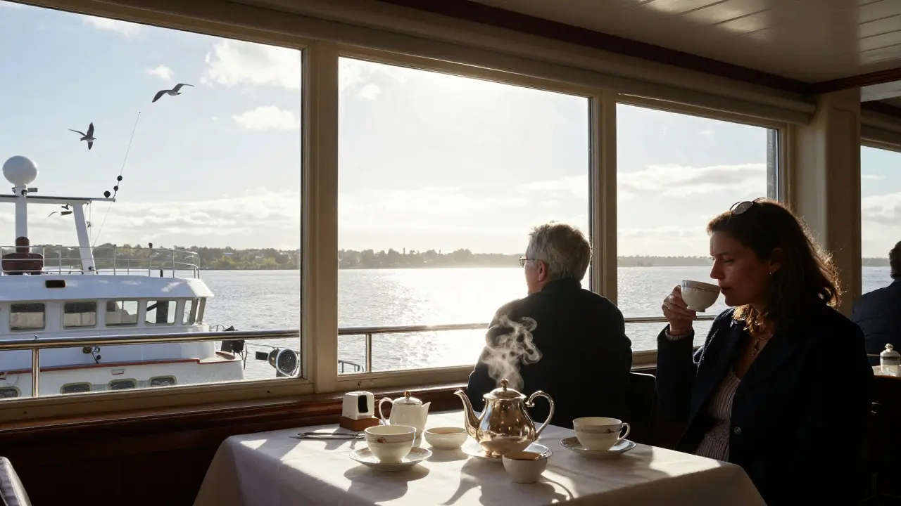 Tea service in the Royal Deck Tea Room with view of the Firth of Forth and yacht stern.