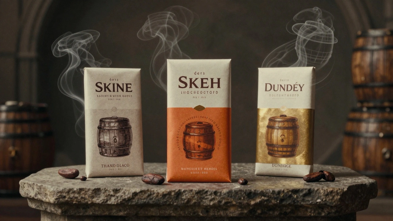 Three artisan chocolate bars arranged like relics with ghostly whisky casks and smoke swirling around them.