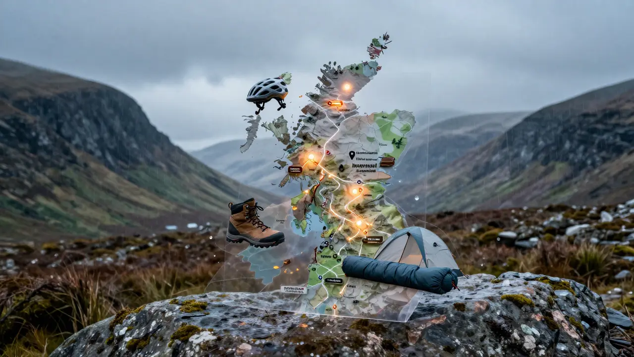 Transparent outdoor gear floating over a map of Scotland, highlighting rental hubs and winding adventure trails.
