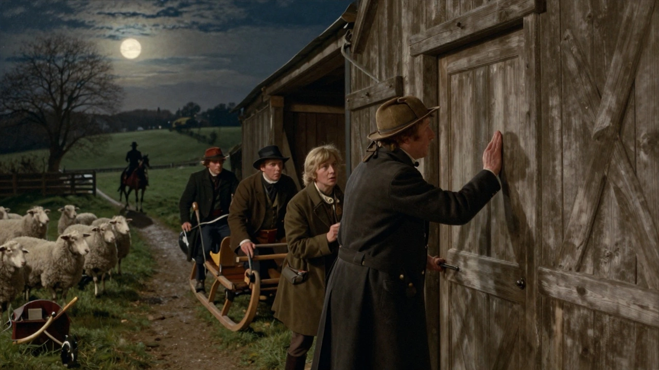 Villagers hiding a mobile still in a barn as an excise man approaches under moonlight.