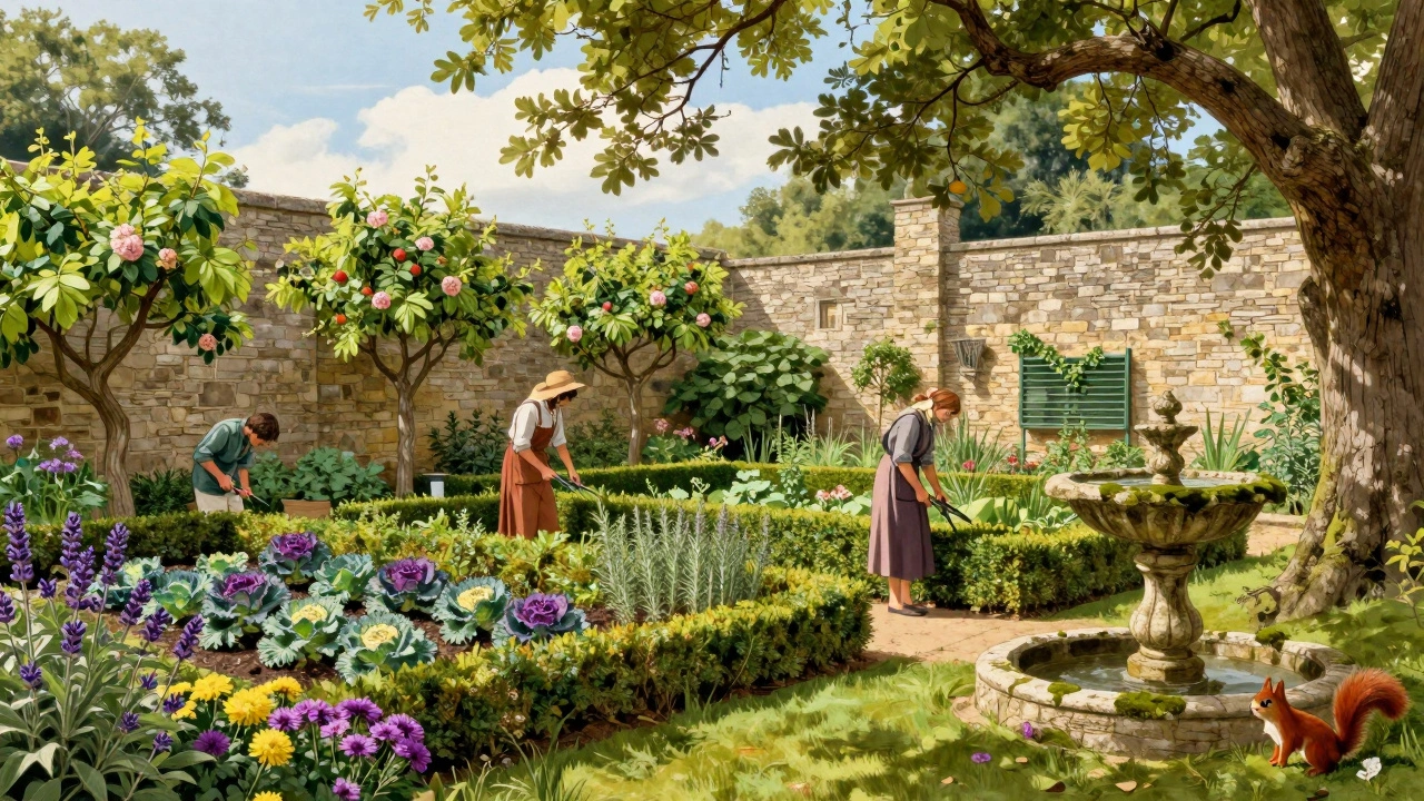 Walled garden with trained fruit trees, herbs, and gardeners trimming hedges by hand in a historic Scottish setting.
