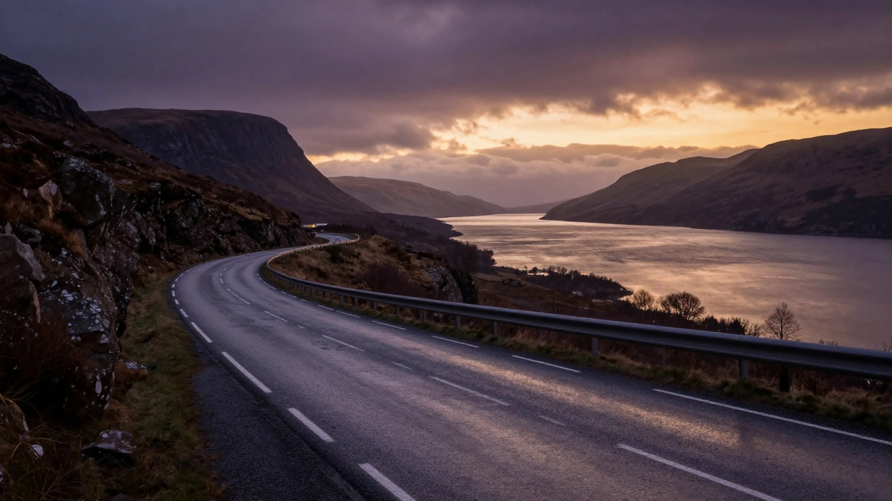 Winding A82 road along a cliff at dusk above Loch Lomond, darkening sky and wet asphalt.