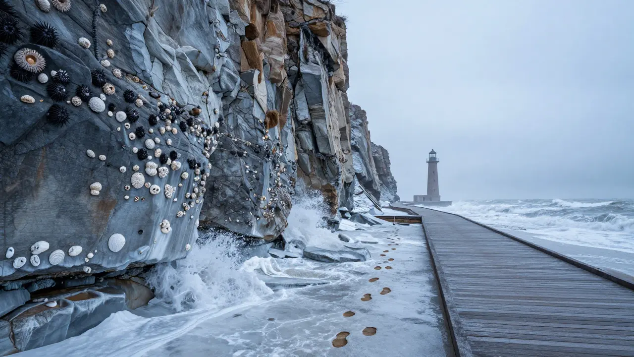 Winter cliffs with fossil layers and crashing waves, boardwalk leading to lighthouse ruins.