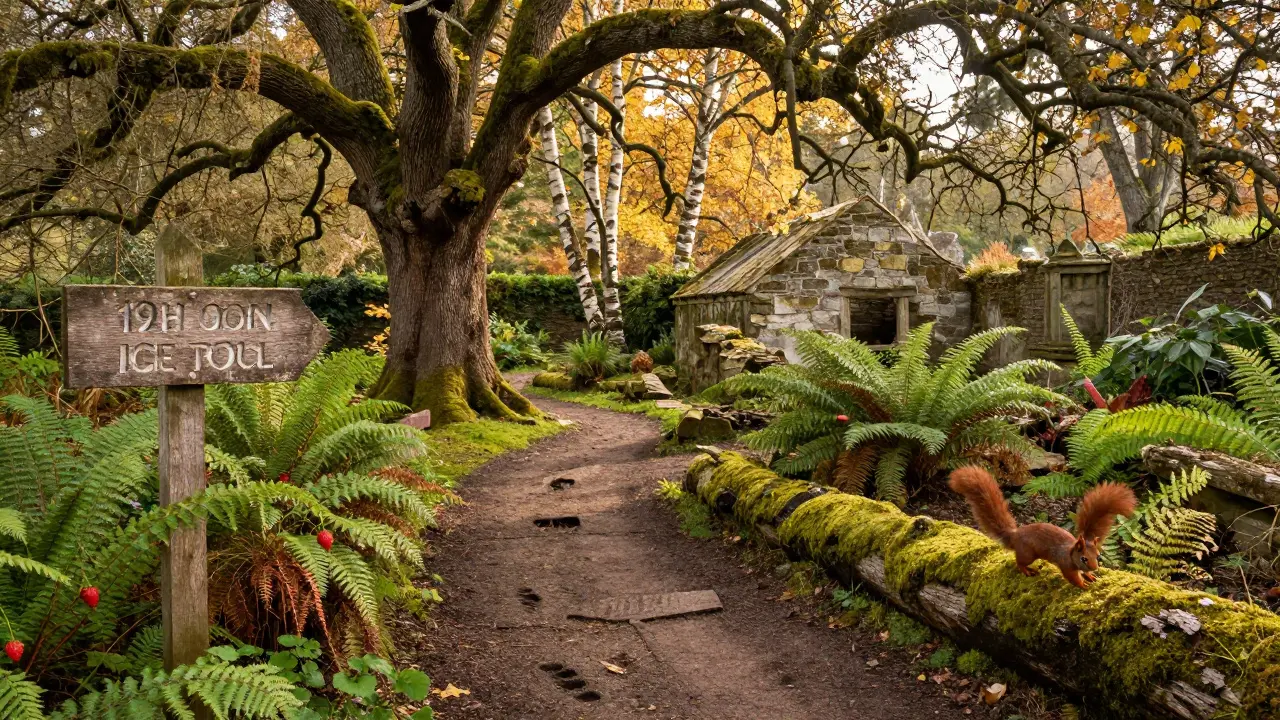 Woodland trail leading to moss-covered ice house ruins in autumn light.