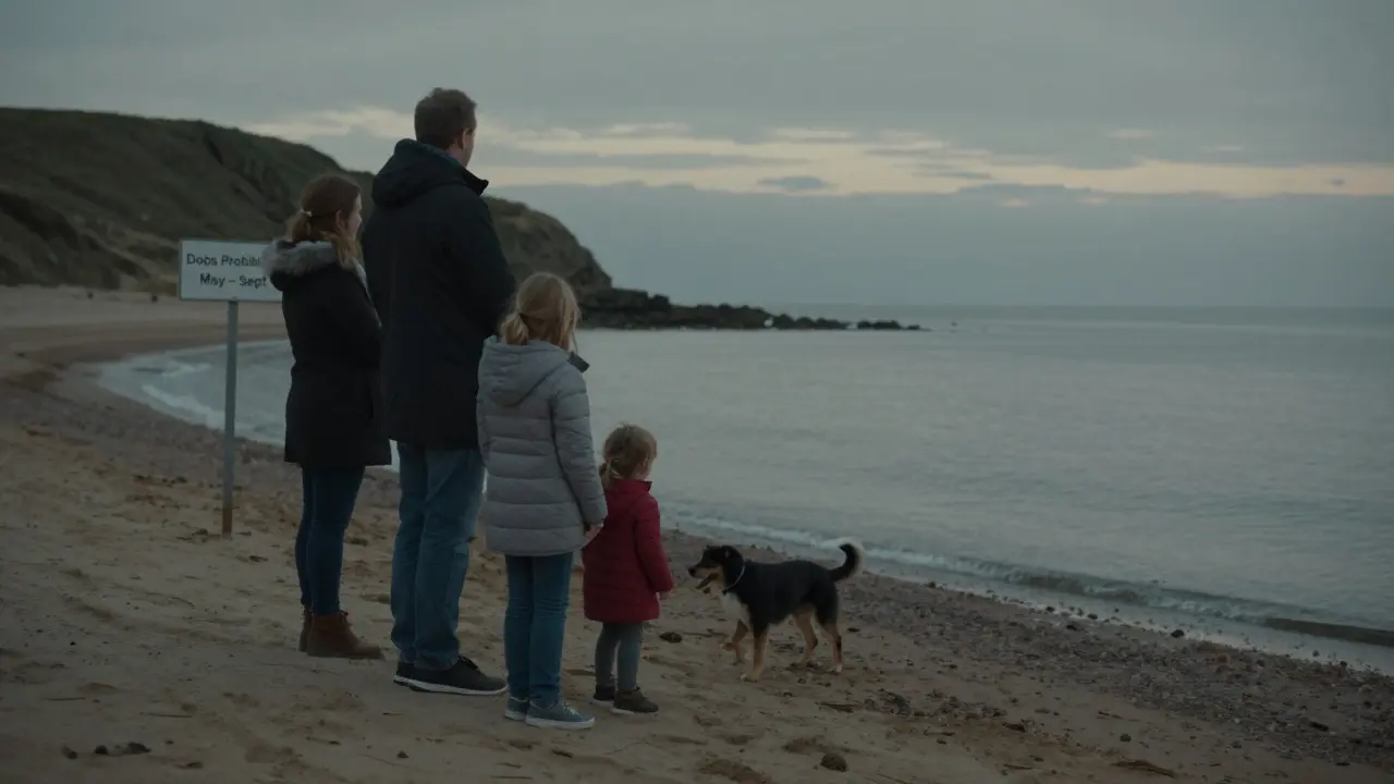 A dog plays on East Sands in St Andrews while a 'Dogs Prohibited' sign is visible on the distant West Sands.