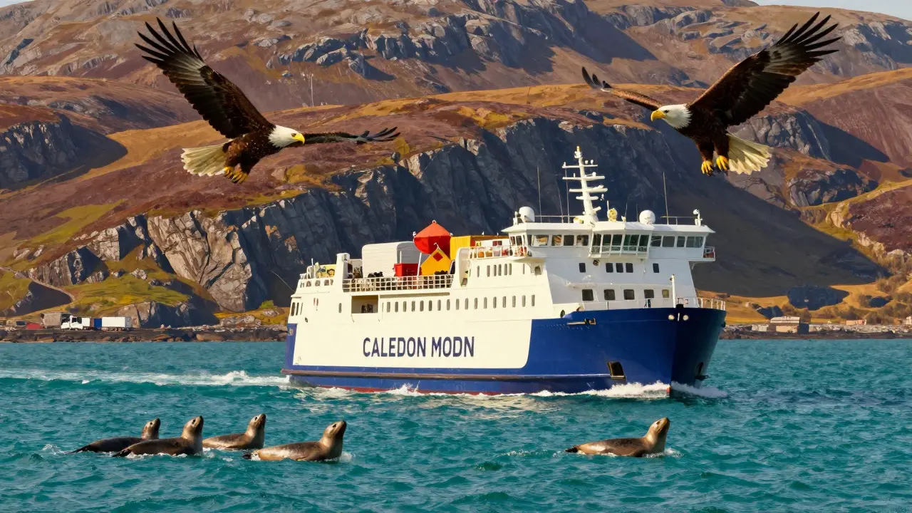 A ferry crossing to the Isle of Mull with seals, eagles, and rugged cliffs under golden sunlight.