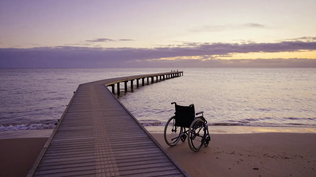 A floating boardwalk extends into the sea at Largs Beach with a beach wheelchair near the water at twilight.