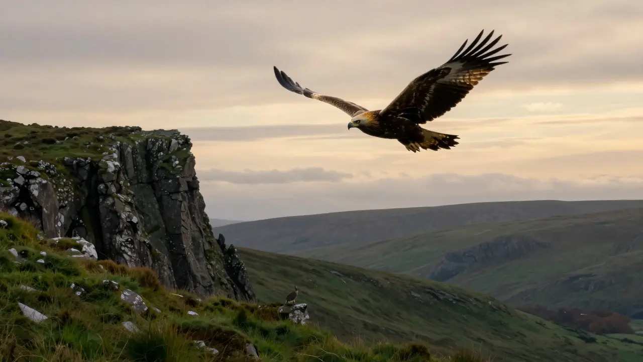 A golden eagle soaring high above rugged Scottish cliffs with moorland below, wings spread wide.