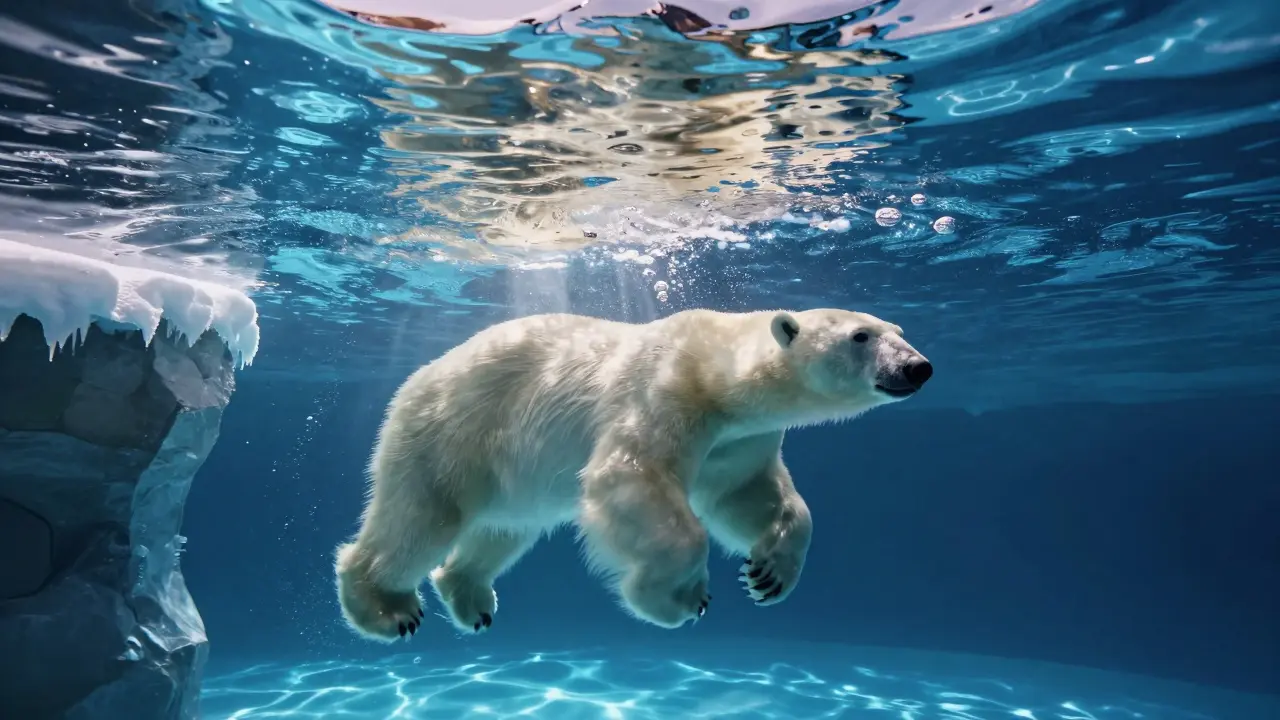 A polar bear swimming underwater in an icy pool, sunlight filtering through the surface.