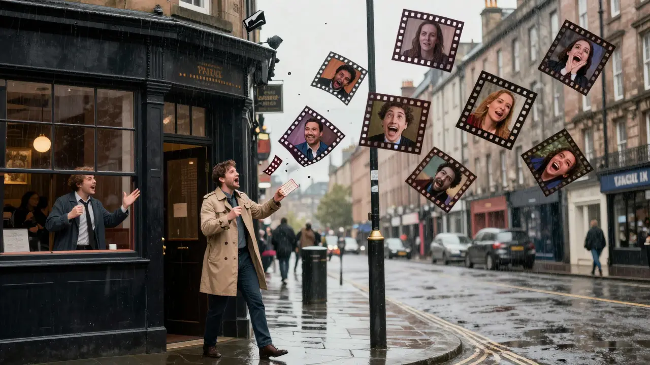 A rainy Glasgow street where laughter from a comedy club transforms into floating film frames above.