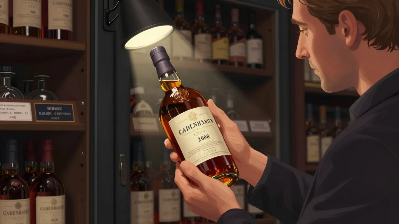 A rare whisky bottle is held under a spotlight in a quiet specialist shop, surrounded by unmarked bottles in a controlled cabinet.