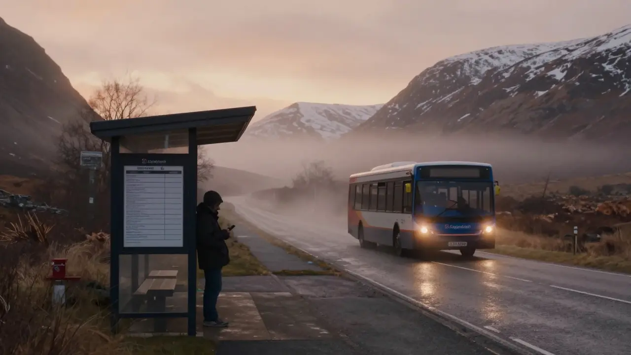 A traveler waits at a rural Highland bus stop at dawn as a bus approaches under foggy mountains.