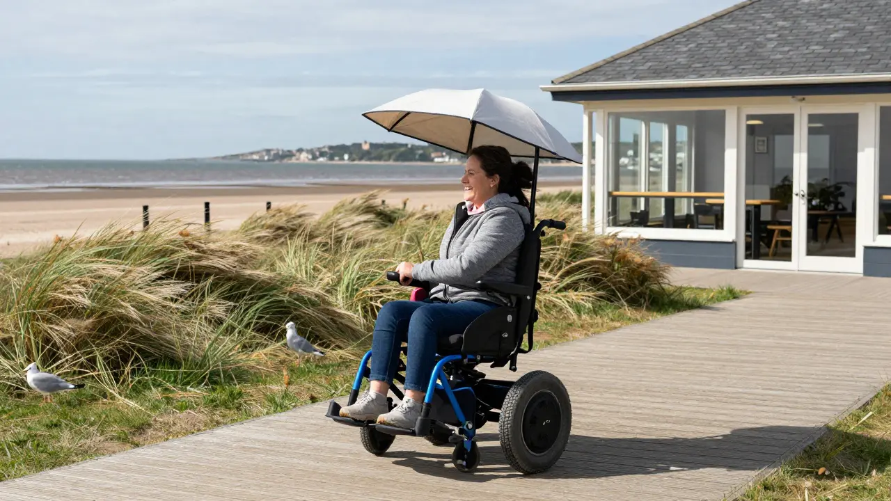 An electric beach wheelchair is pushed along a wooden boardwalk at Gullane Beach with the Firth of Forth in view.