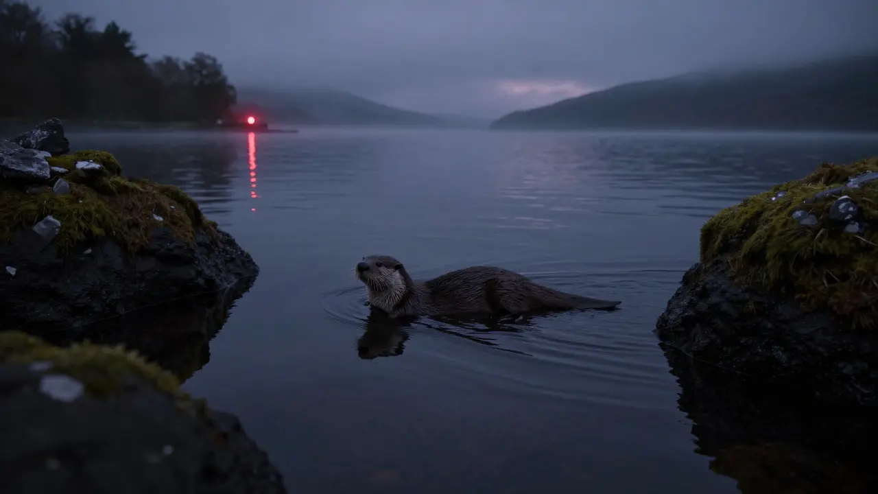 An otter swimming in dark water at dusk on a Scottish loch, surrounded by mist and rocky shores.