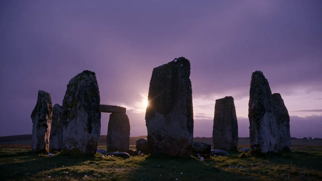 Ancient standing stones at Callanish bathed in twilight, surrounded by stillness and moss.