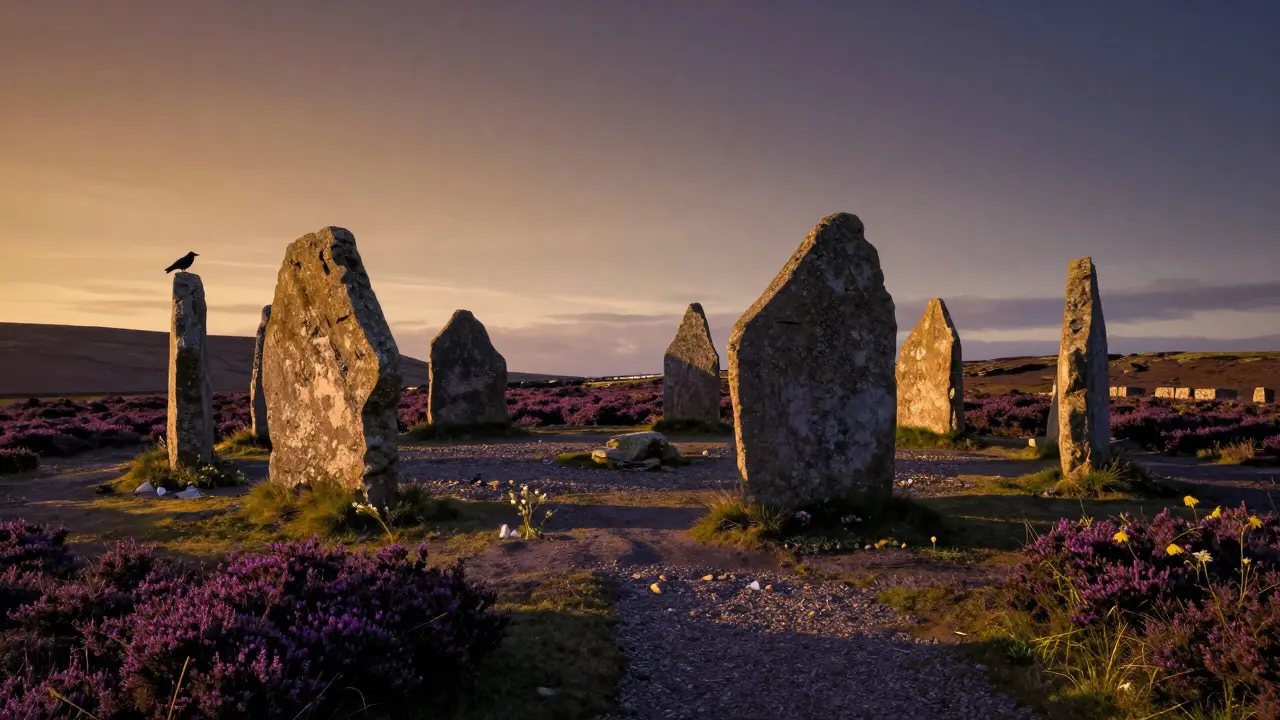 Ancient stone circle hidden among heather, with wildflowers and pebbles left as offerings.