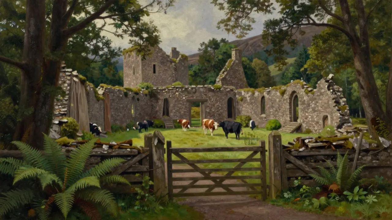 Armadale Castle ruins hidden in wooded Highlands, overgrown walls with cattle passing through an old gate.