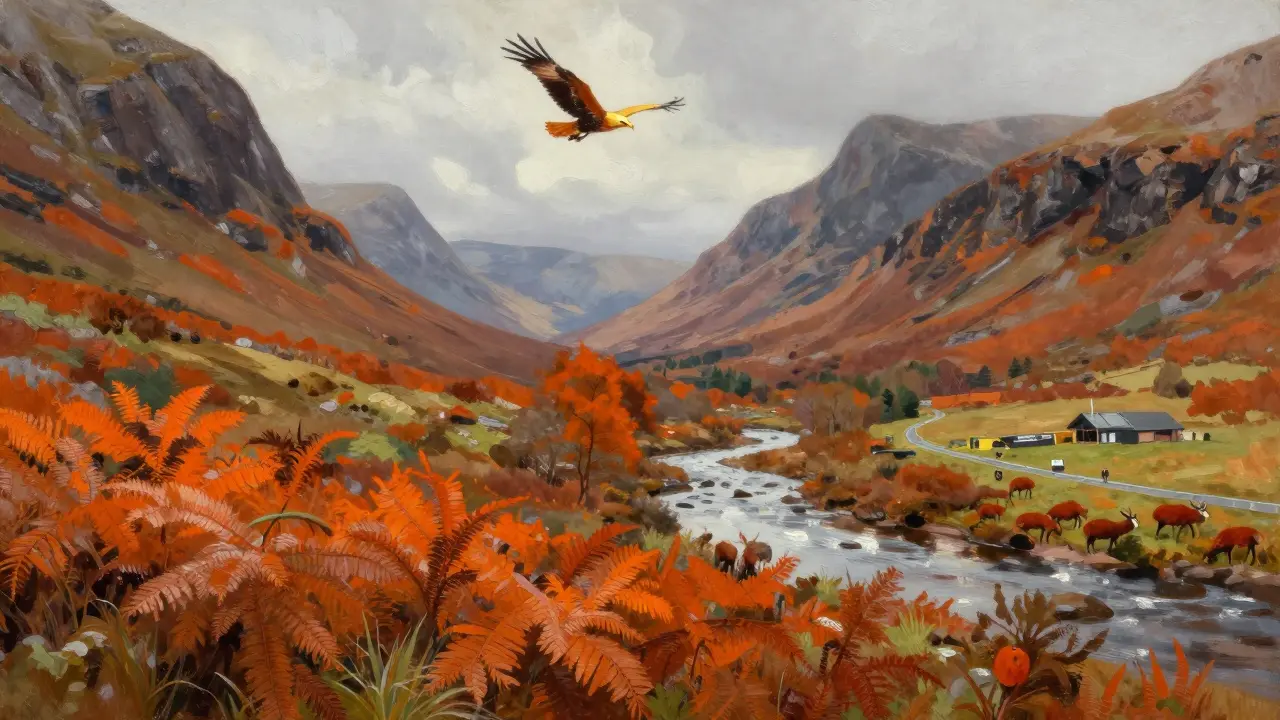 Autumn Glencoe with orange bracken, a golden eagle in flight, and red deer near the river.