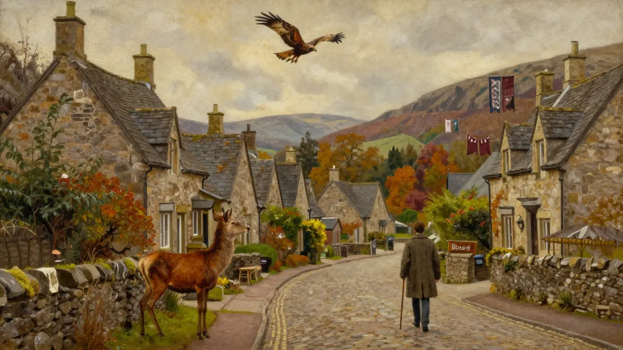 Braemar village with a red deer near stone cottages, a walker passing by under a circling buzzard in autumn light.