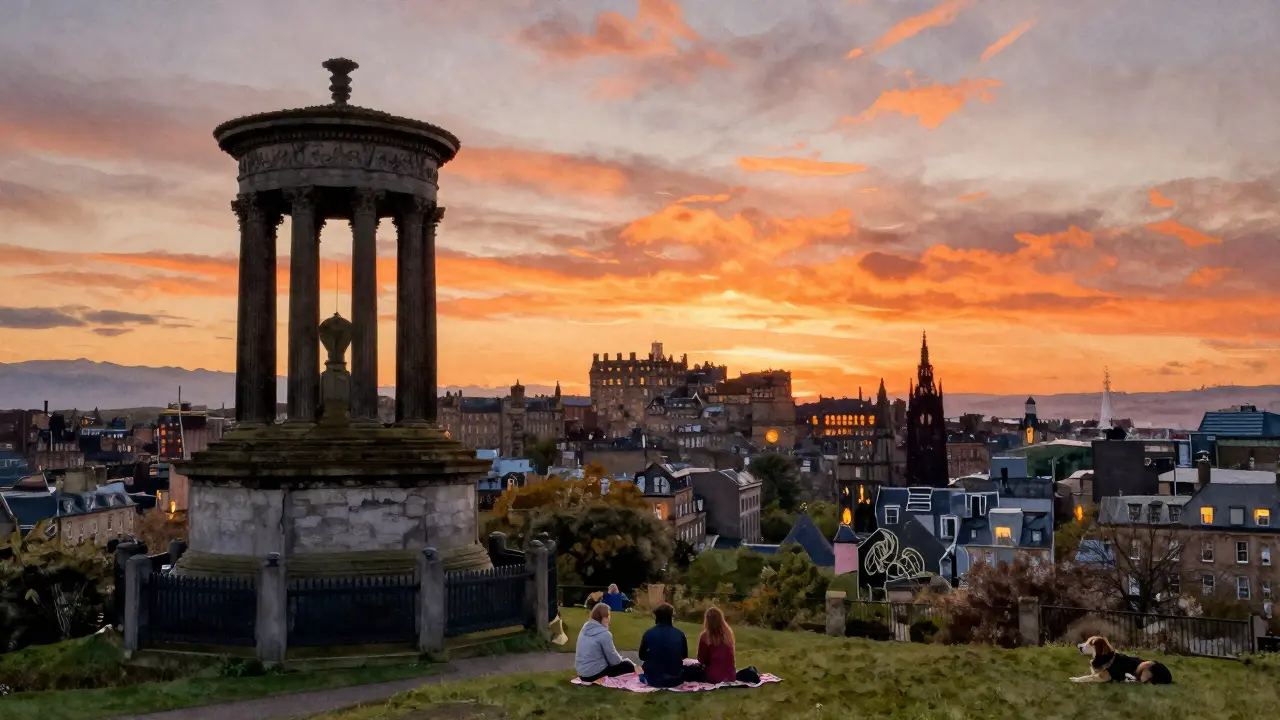 Calton Hill at sunset with Parthenon monument and Edinburgh Castle glowing in golden light.