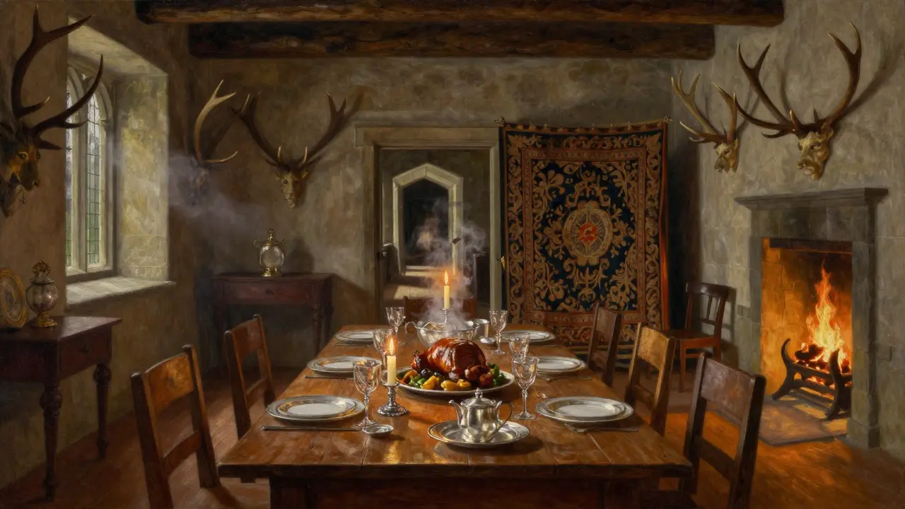 Candlelit dining hall in a historic Scottish lodge with silver service and antlered walls.