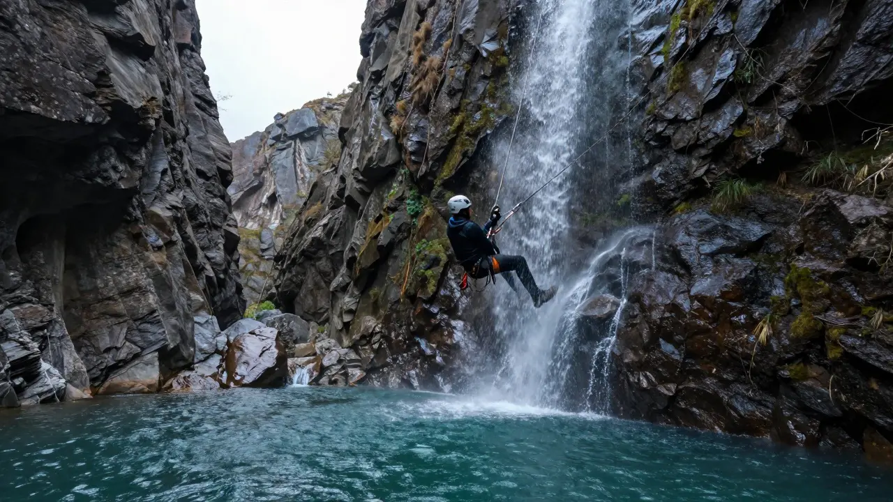 Canyoner rappelling down a tall waterfall in the Highlands, surrounded by rushing water and cliffs.