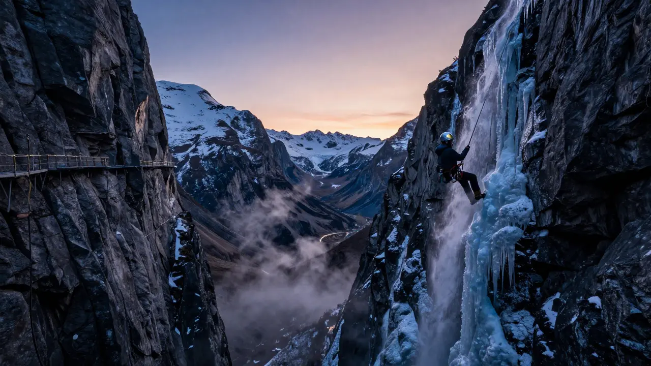 Climber ascending the high-altitude Nevis Range Via Ferrata beside icy waterfalls at dawn.