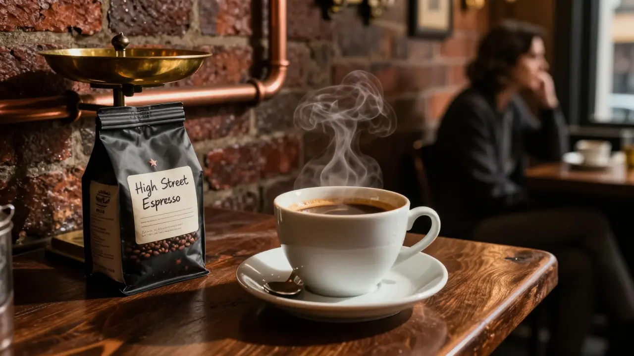 Dark espresso in a porcelain cup at a brick-walled Glasgow cafe with copper pipes and bean bag beside it.